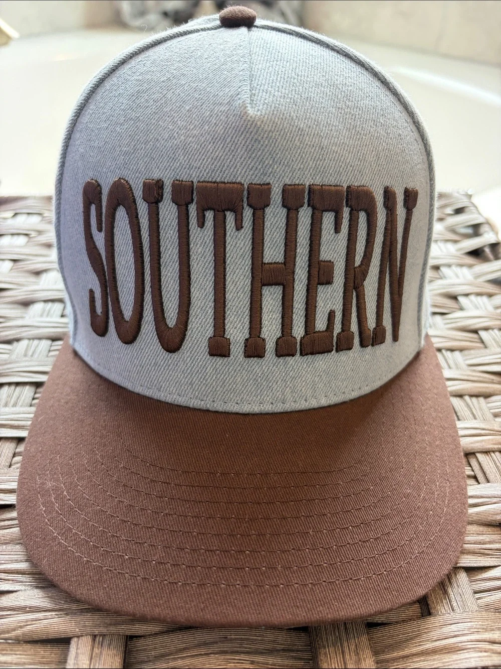 Embroidered Trucker Hat - Denim and Brown